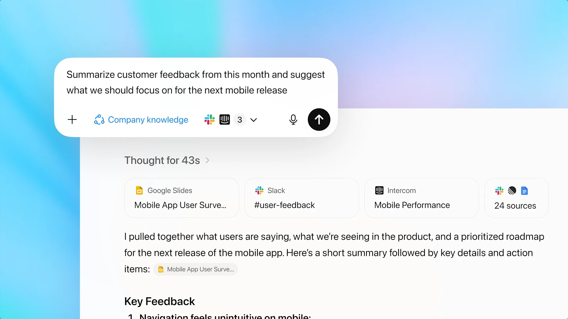 Screenshot of OpenAI ChatGPT for a business task as the firm is surfacing company knowledge by connecting ChatGPT to enterprise data, turning it from a general assistant into a custom analyst.