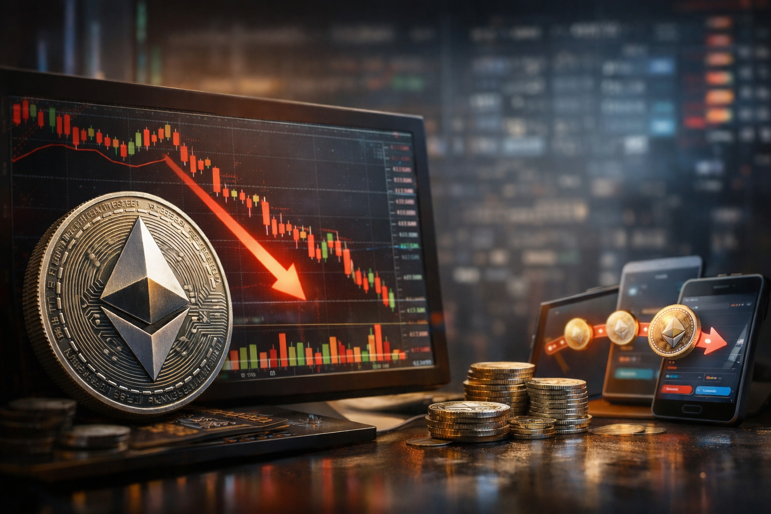 Ethereum coin displayed in front of a trading monitor showing a downward market trend, with crypto wallets and coins symbolising transfers during a price decline.