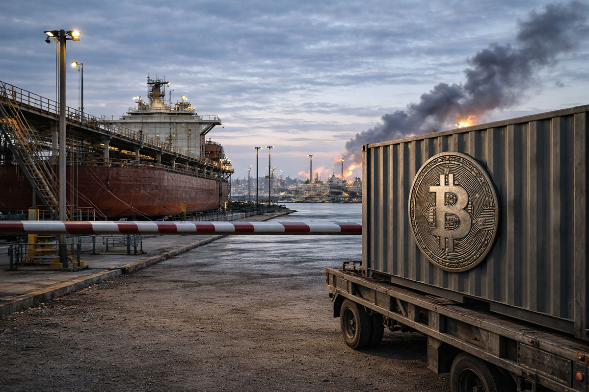 Bitcoin container halted at a port checkpoint as smoke rises in the distance, reflecting how escalating Iran war fears are weighing on the crypto market
