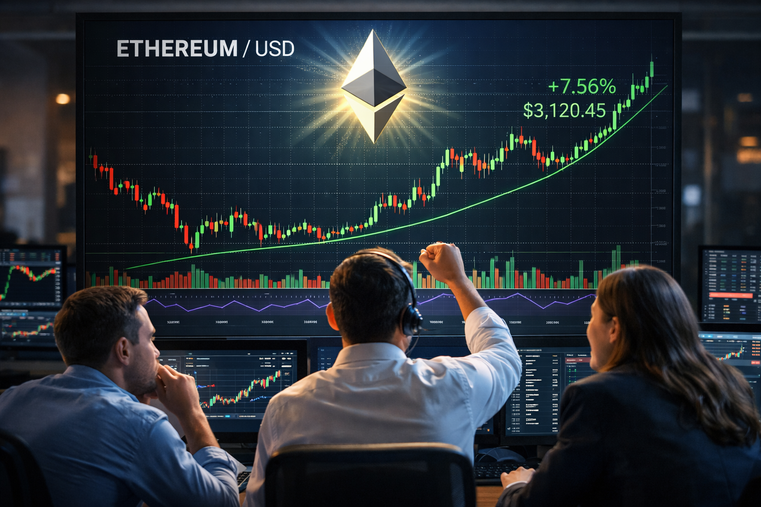 Traders staring at a bullish ethereum chart