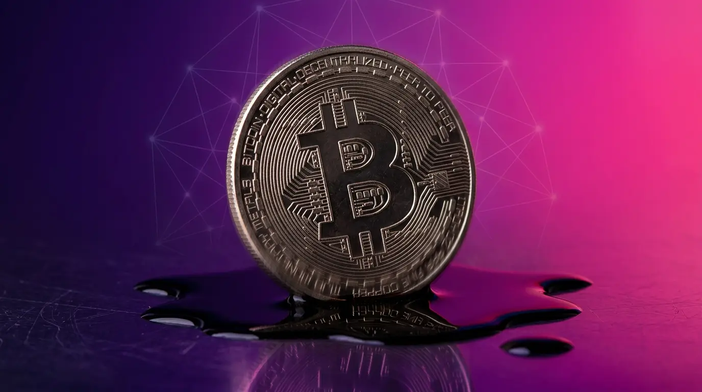 Bitcoin coin with purple-magenta gradient background symbolizing market volatility and price pressure