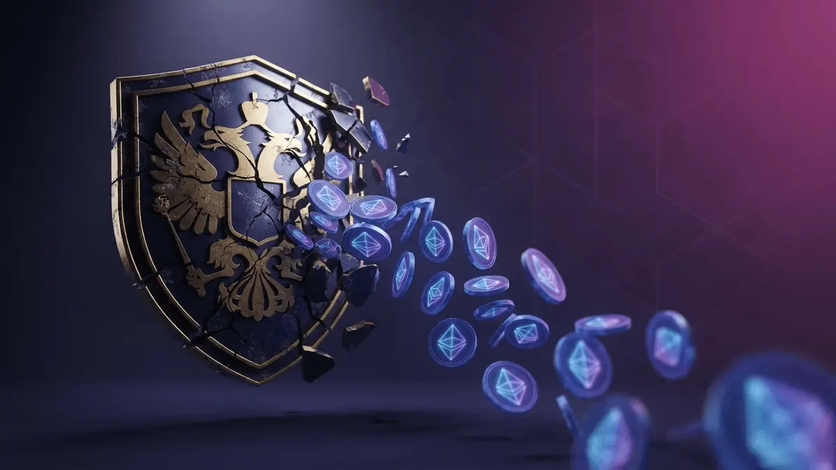 3D render of fragmenting FSB emblem with falling GRAM cryptocurrency tokens on purple gradient background
