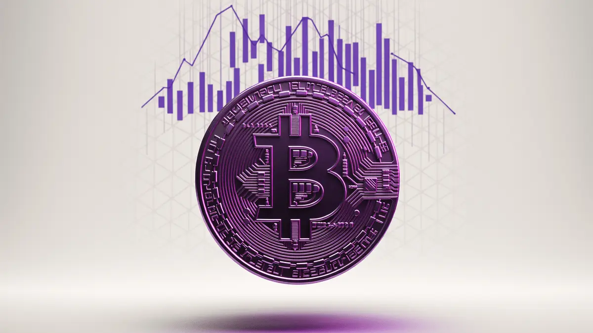 Bitcoin coin with purple gradient lighting amid descending chart lines representing price recovery and liquidity pressure