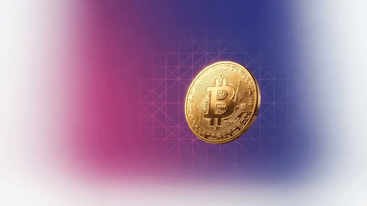 Golden Bitcoin coin floating with purple gradient grid background in studio lighting