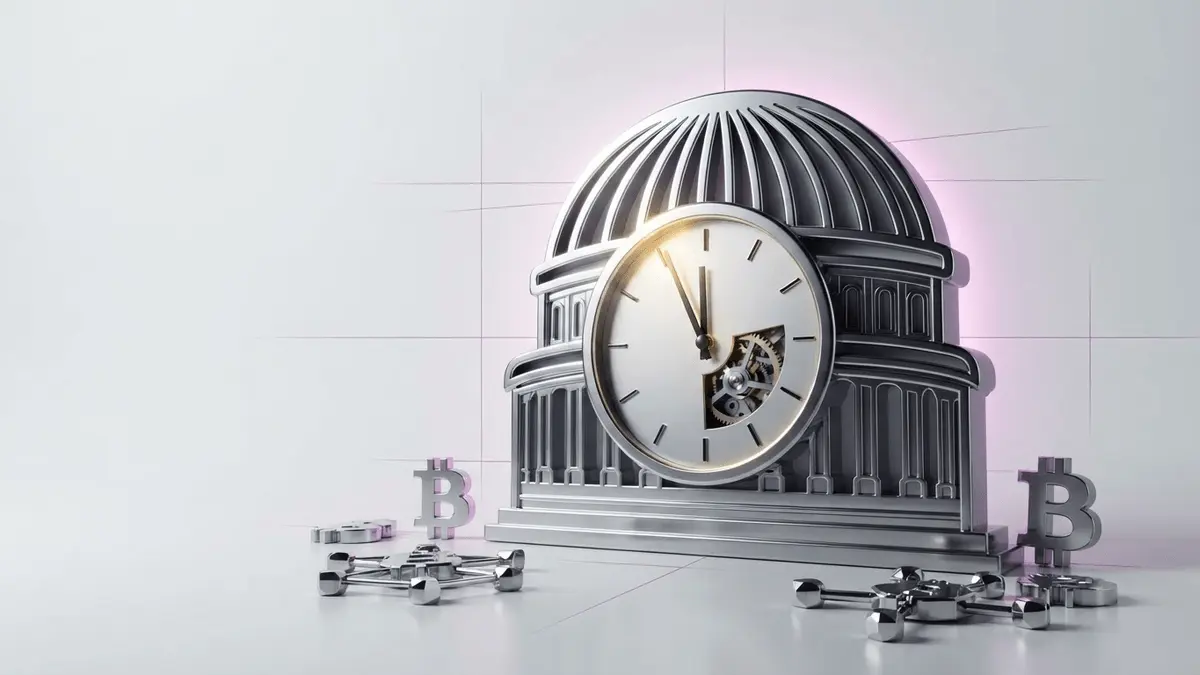 Legislative clock and congressional seal with Bitcoin symbols representing crypto regulation deadline pressure