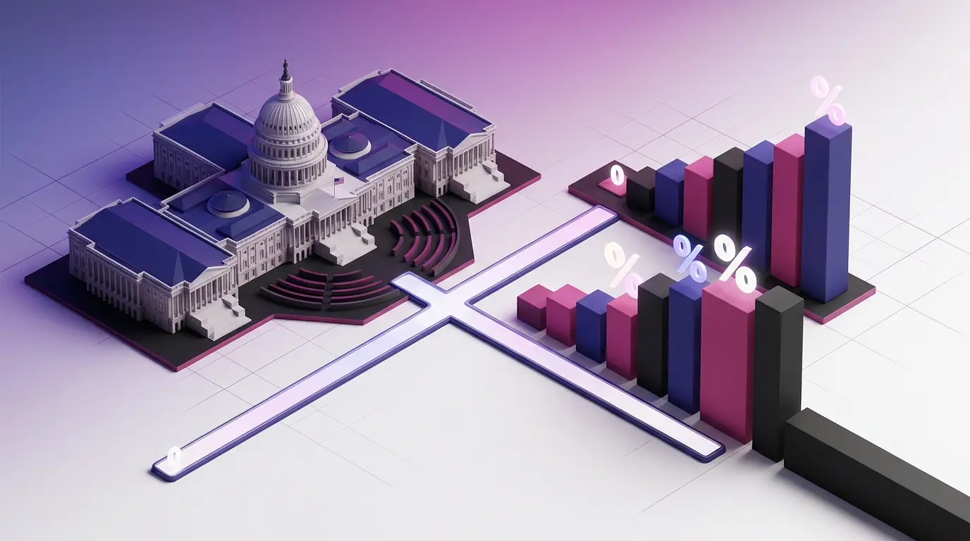 Stylized US Capitol chamber with contrasting prediction-market paths for impeachment odds
